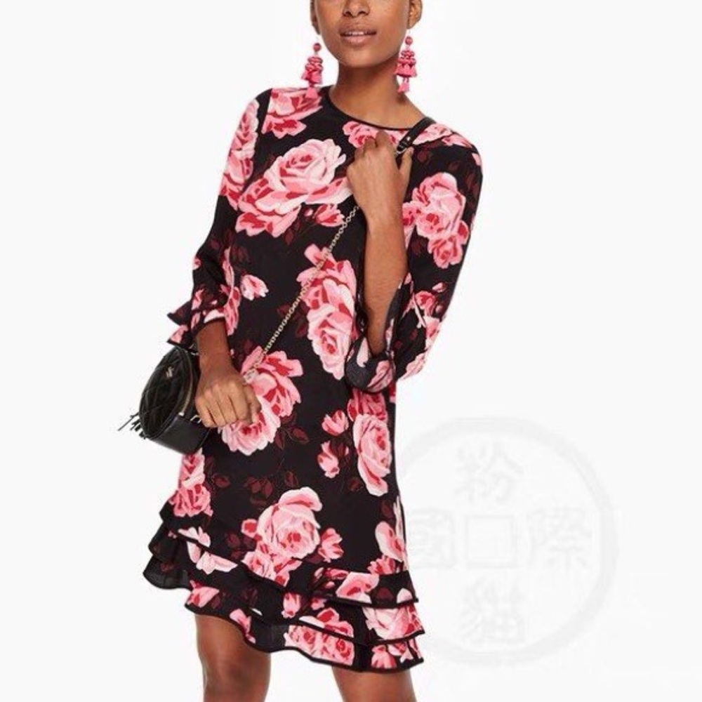 KATE SPADE LONG SLEEVE RUFFLE ROSE DRESS.